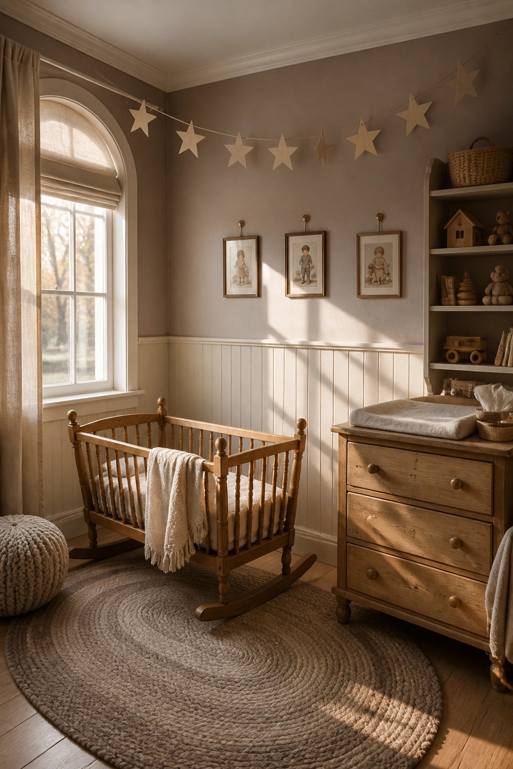 A nursery room with soft greige walls and wooden furniture.