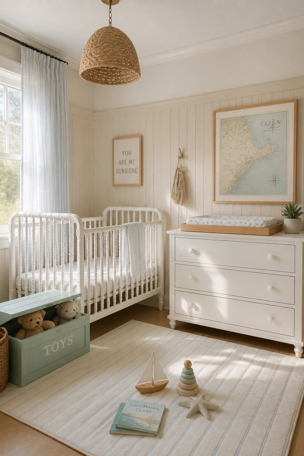 Light warm off-white walls with vertical paneling in a neutral nursery.