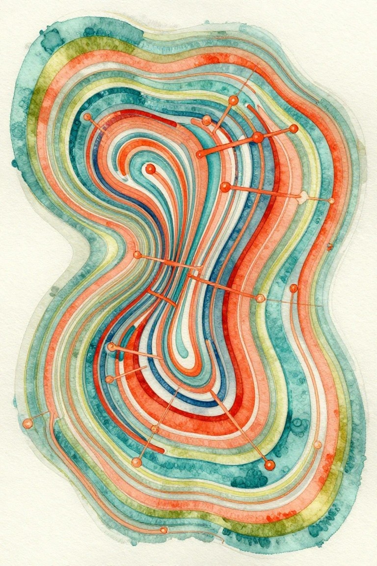 Swirling teal coral blue watercolor layers with orange connected dots network