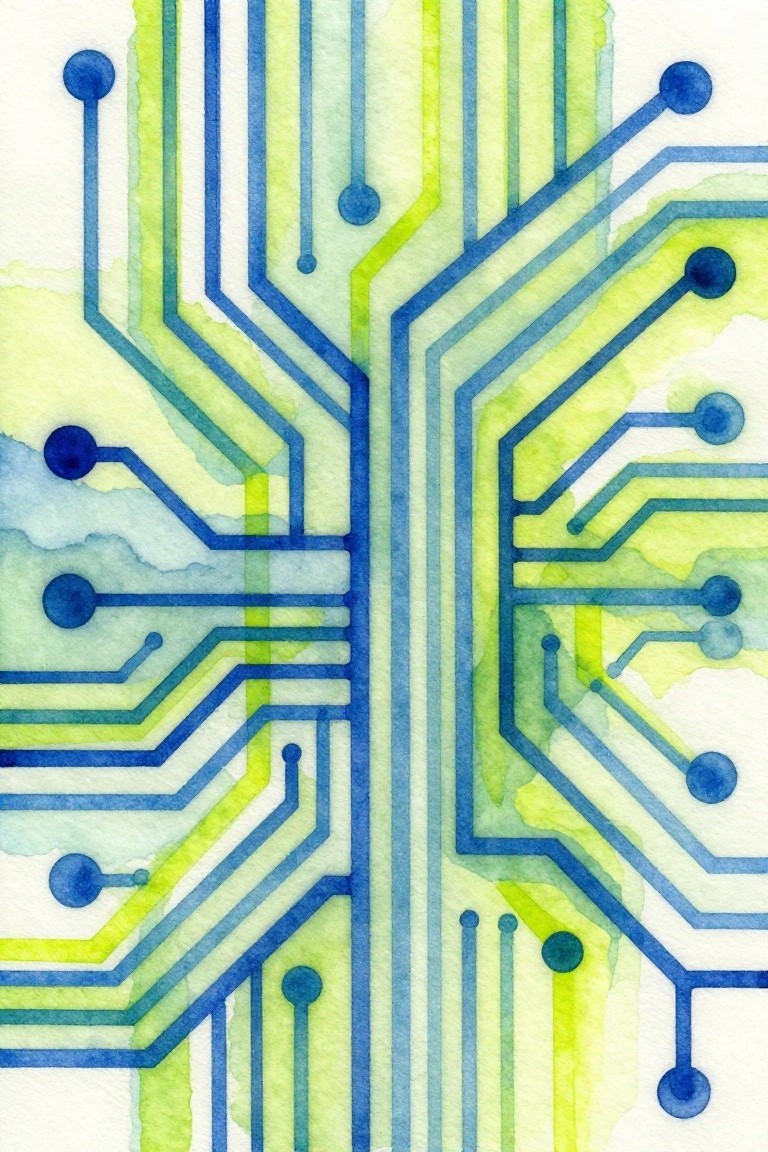 Watercolor painting of blue circuit board lines and nodes on green-yellow background