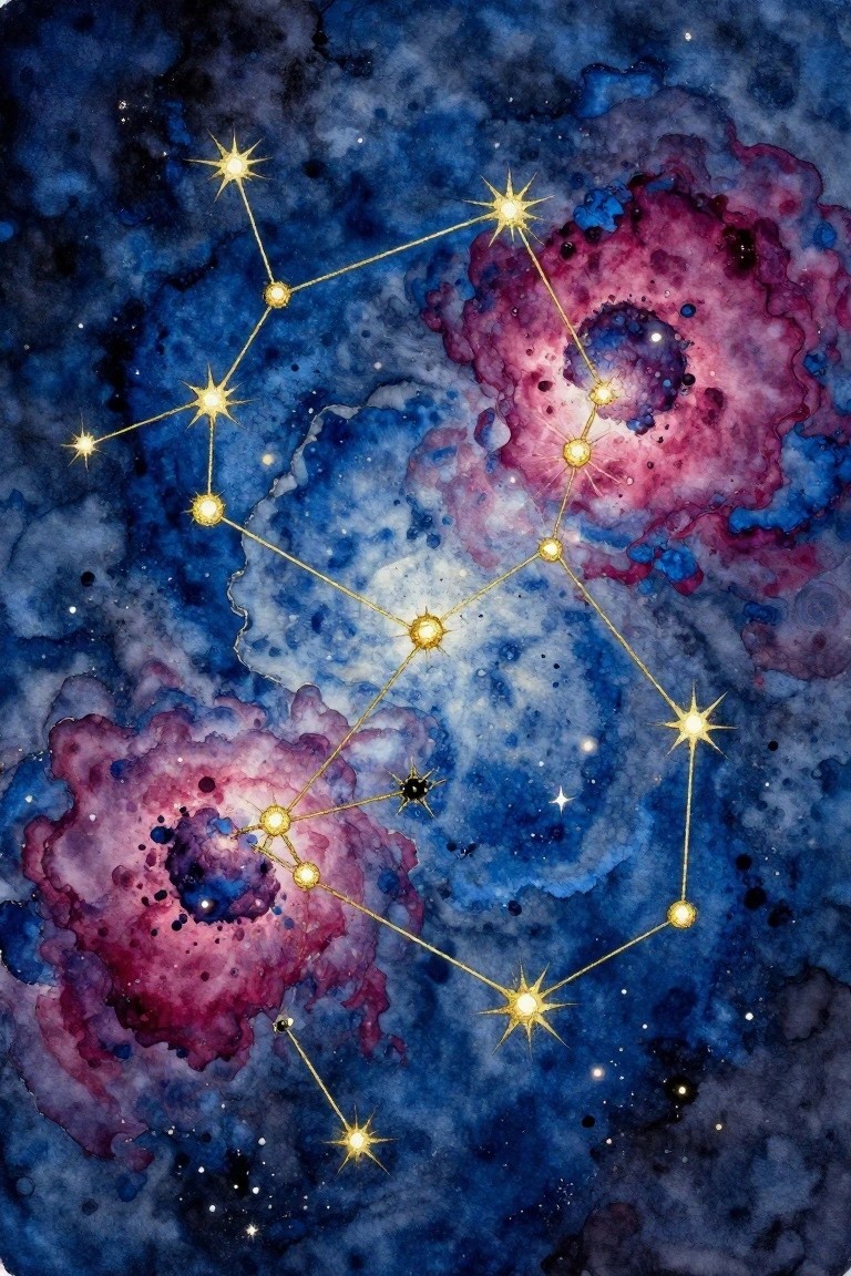 Golden constellation lines link bright stars across swirling blue and pink nebulae