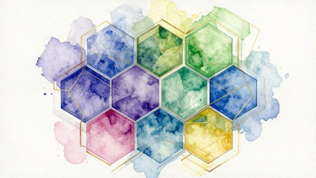 Watercolor hexagons with gold borders overlapping in a colorful abstract geometric pattern.
