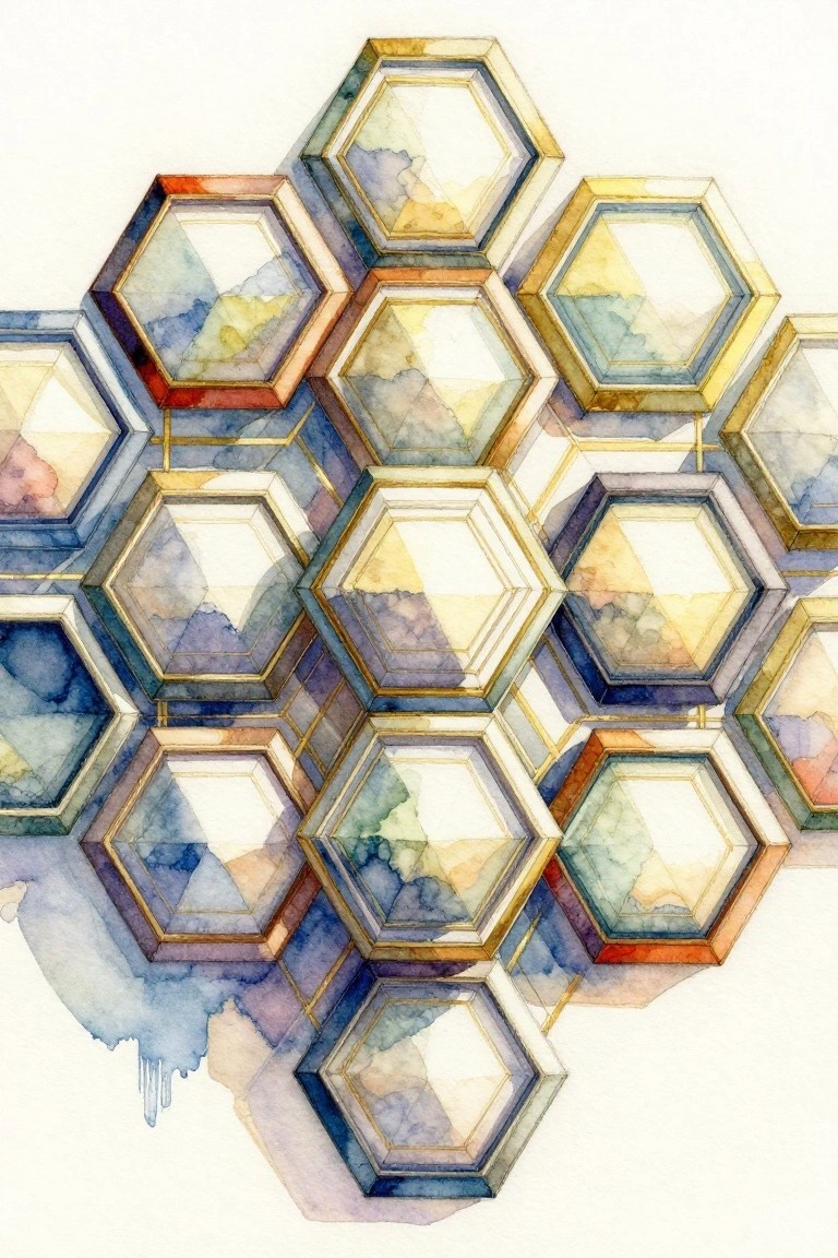 Watercolor hexagons with gold borders overlapping in a colorful abstract geometric pattern.