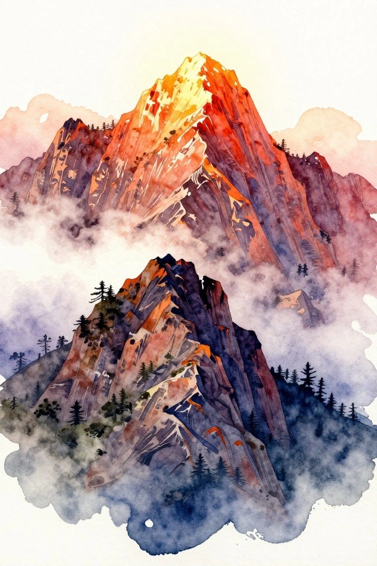 Watercolor of jagged mountains in glowing orange-red hues amid misty clouds and pines.