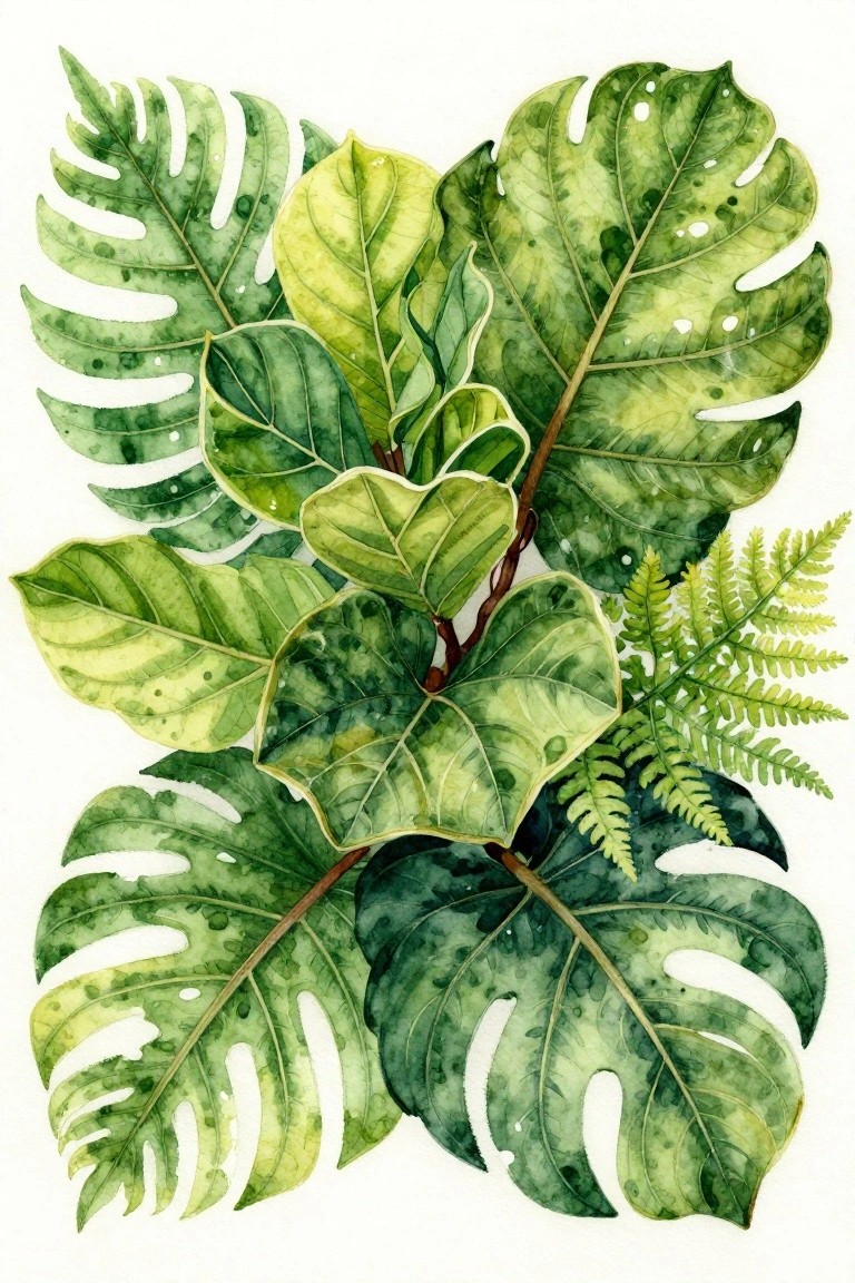 Watercolor of lush green tropical leaves: monstera, fiddle-leaf fig, and ferns.