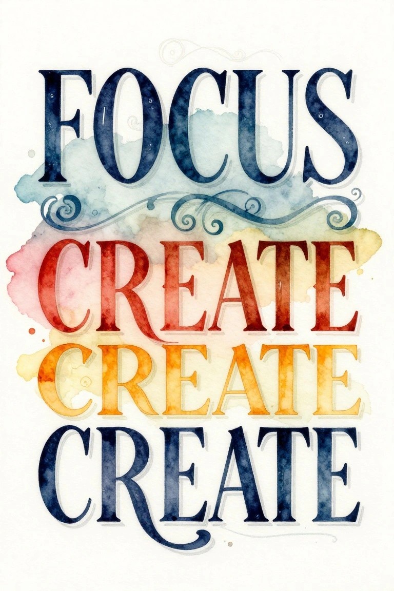 Watercolor typography with FOCUS above three stacked CREATE words in vibrant colors