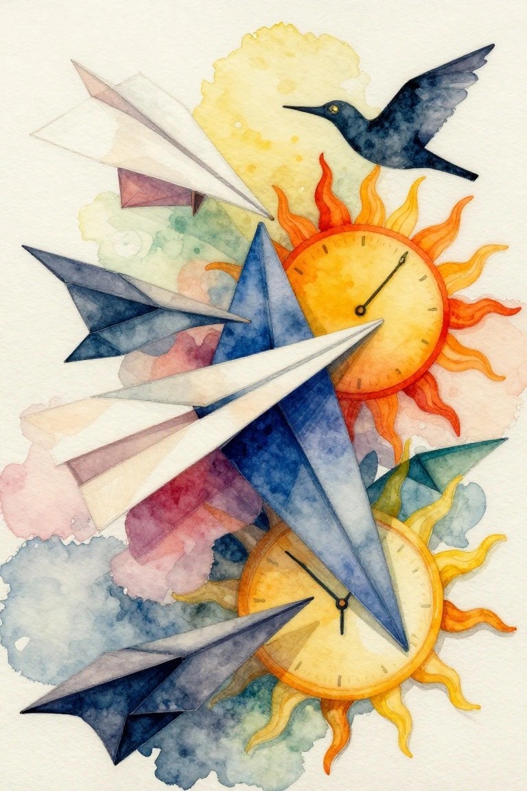 Watercolor painting of paper airplanes, sun clocks, and a flying bird