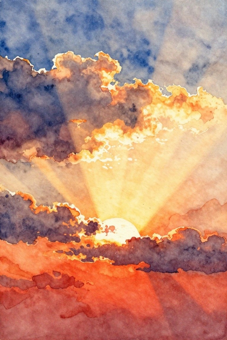 Watercolor sunset with glowing sun rays piercing dark orange-edged clouds