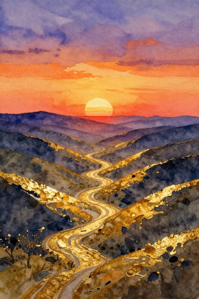 Watercolor sunset over rolling hills with winding golden river and splatters.