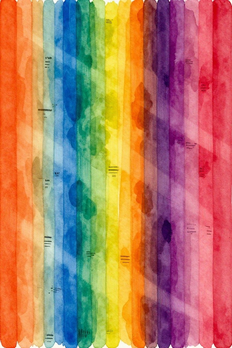 Vibrant watercolor vertical stripes in rainbow hues with translucent overlaps and textures.