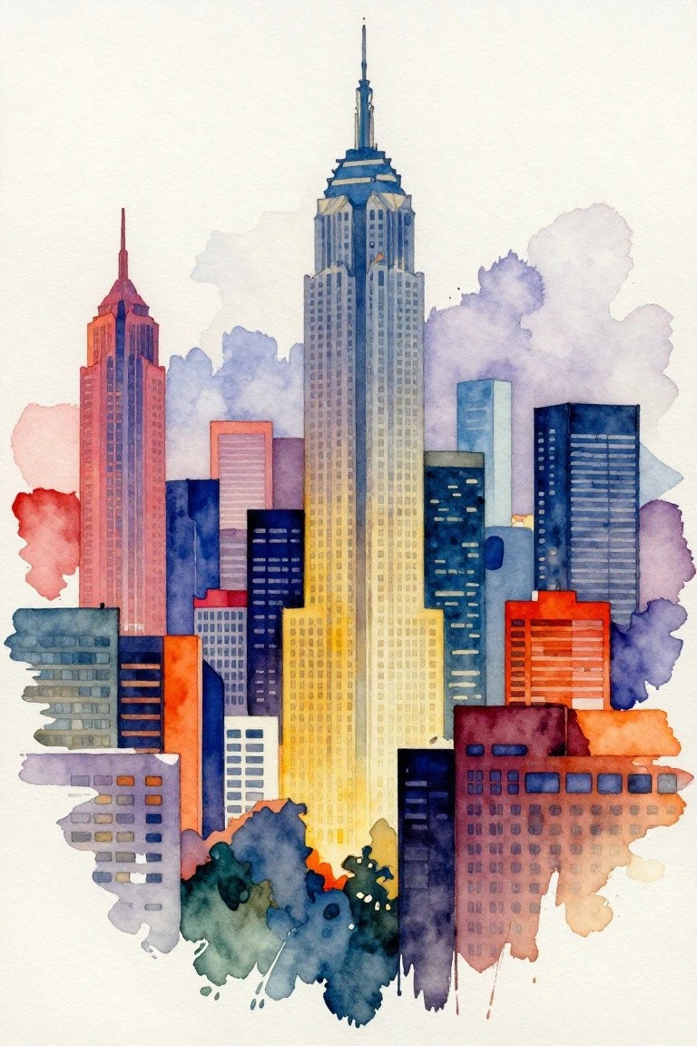 Watercolor skyline of skyscrapers centered on Empire State Building with vibrant paint washes