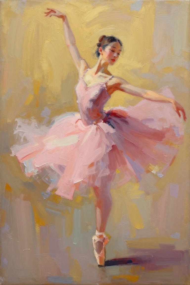 Ballerina in pink tutu poses gracefully on pointe with arms extended in warm light