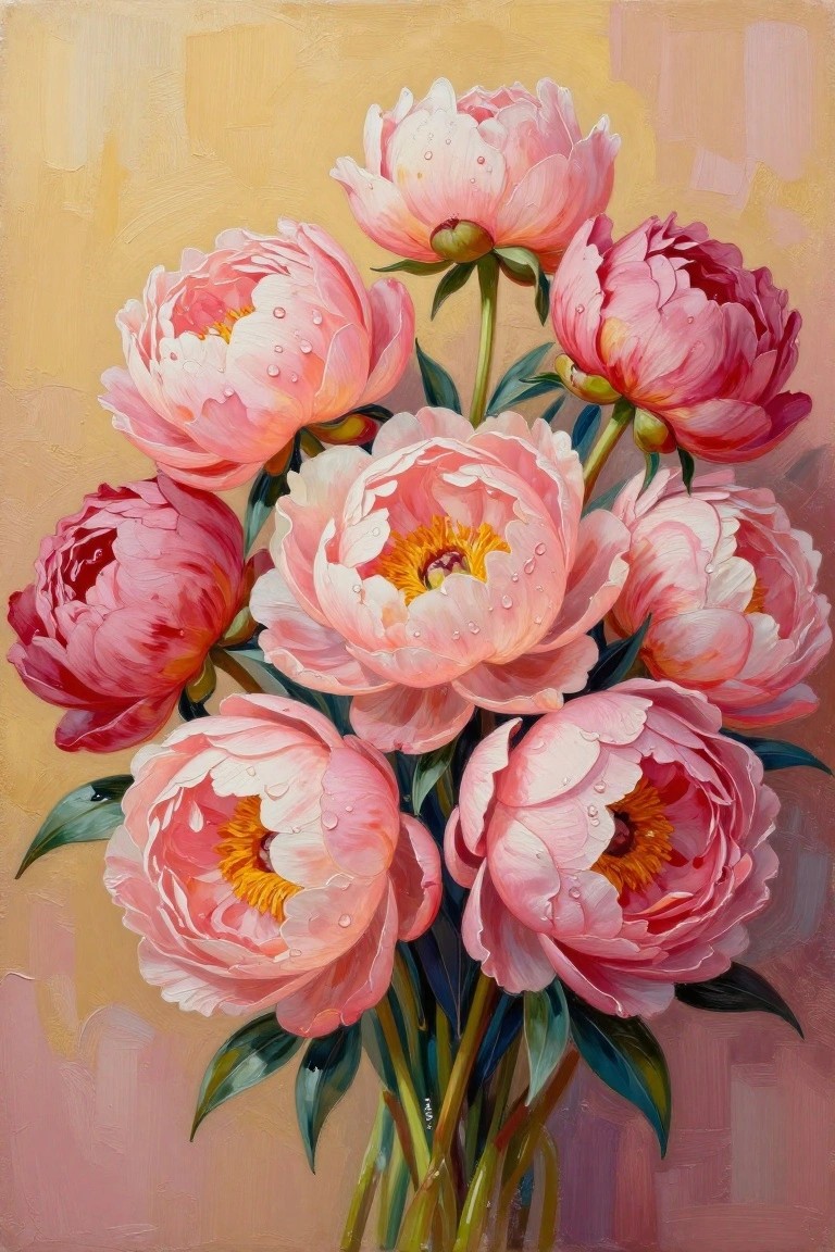 Vibrant pink peonies with water droplets in an oil painting bouquet
