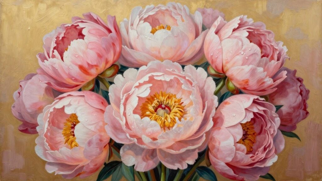 Vibrant pink peonies with water droplets in an oil painting bouquet