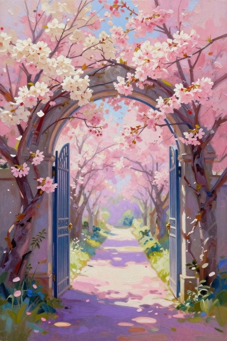 A painting shows an open blue gate under a cherry blossom arch leading to a path through pink trees.