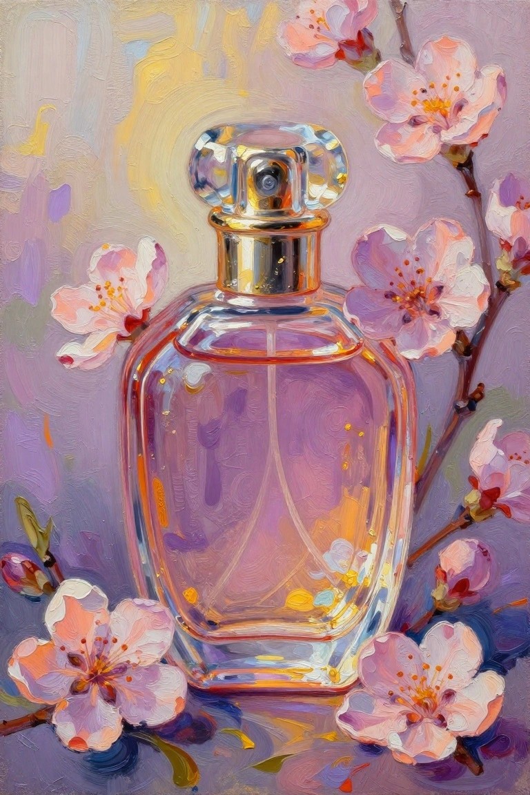 Glass perfume bottle with pink liquid amid blooming pink flowers, impressionistic oil painting.