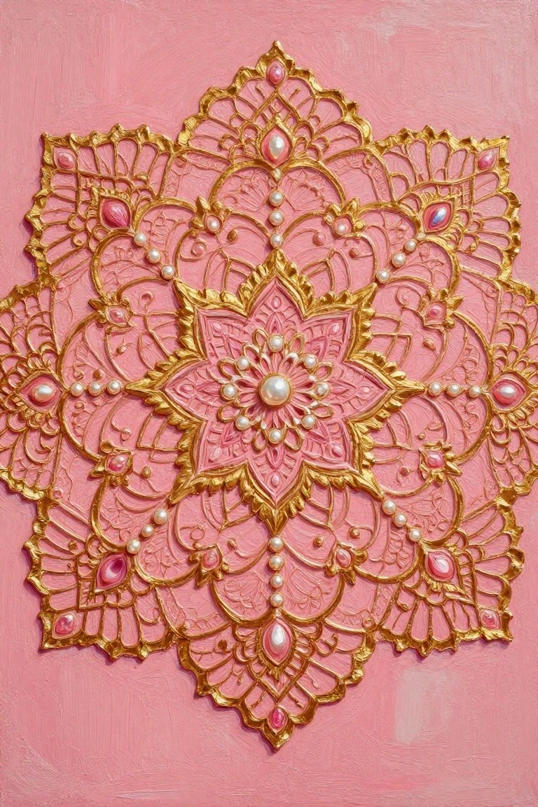 Ornate pink mandala with gold filigree, pearls, and pink gemstones on canvas