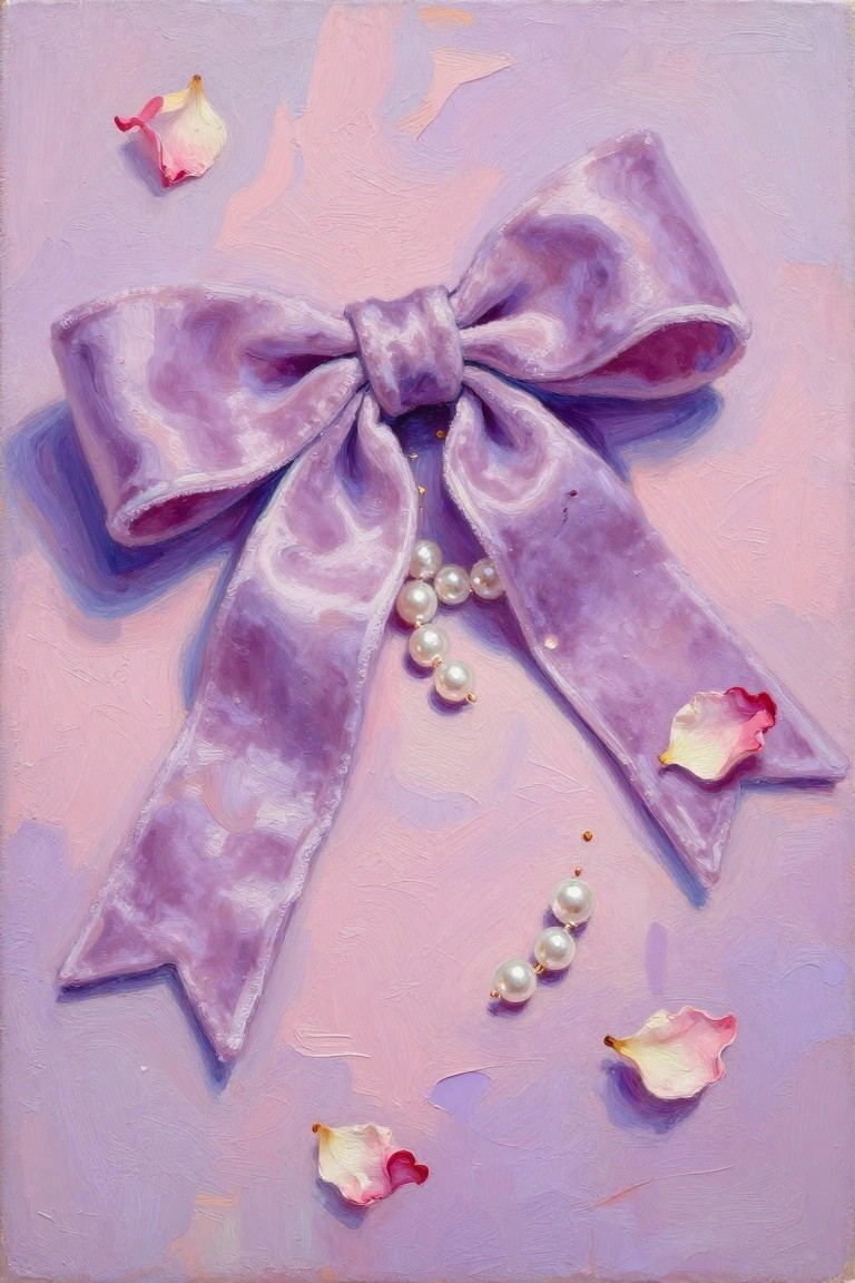 Large purple velvet bow with pearls and scattered rose petals on pink background