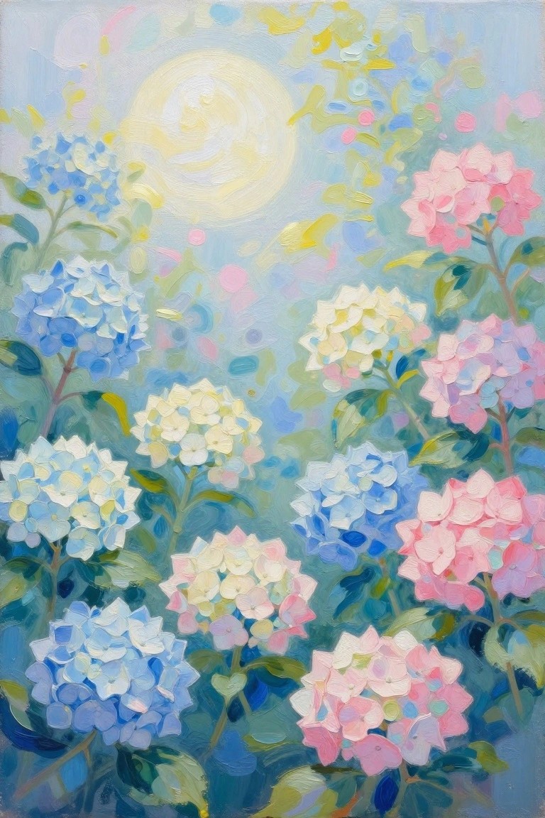 Vibrant blue pink and white hydrangeas bloom beneath a glowing sun in a painterly garden.