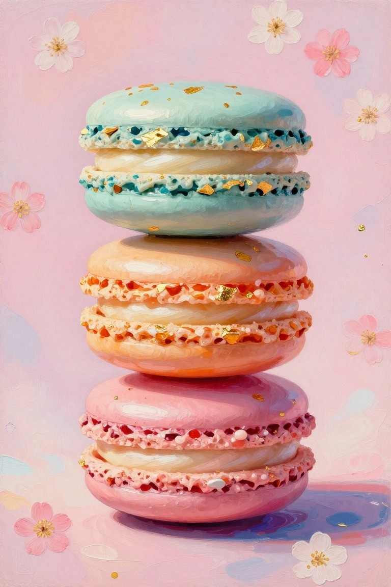 A stack of three pastel macarons in blue, peach, and pink with gold flakes, surrounded by pink and white flowers on a pink background.