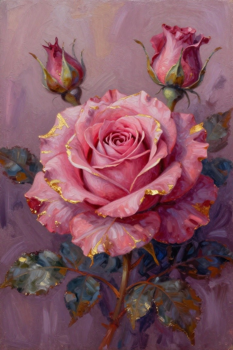Oil painting of large pink rose with gold accents, buds, and leaves.