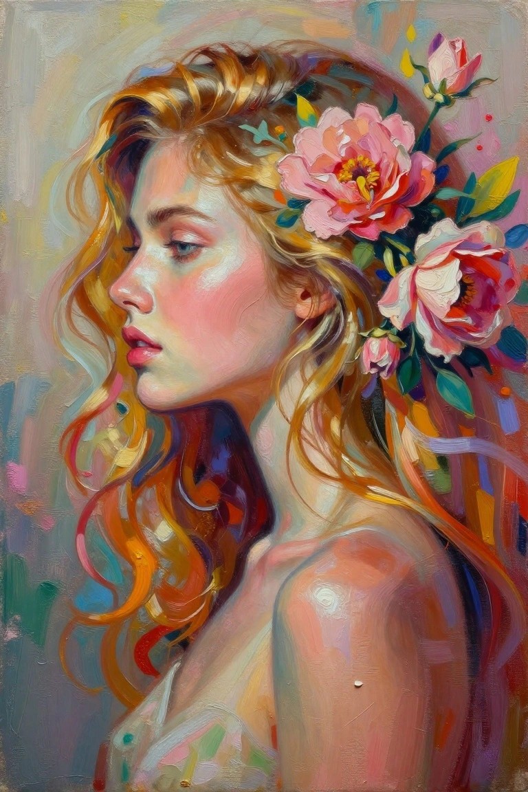 Blonde woman with pink flowers in wavy hair, vibrant oil painting portrait