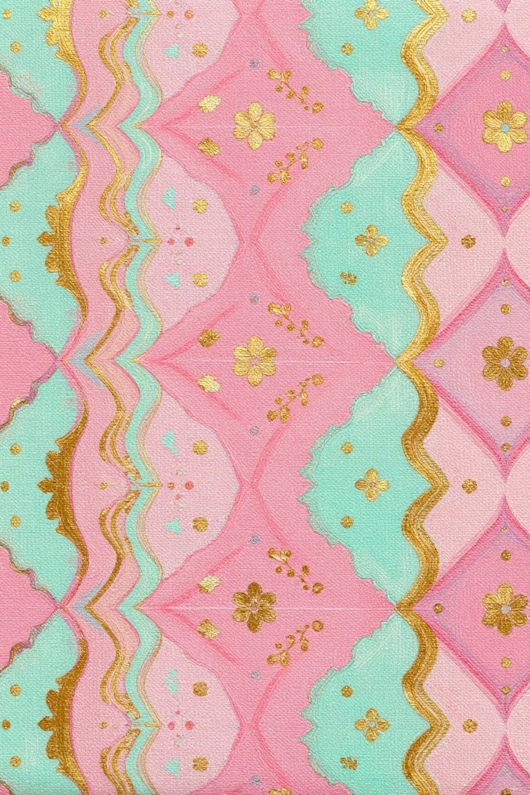 Pink and mint wavy pattern with gold flowers, dots, and scalloped lines