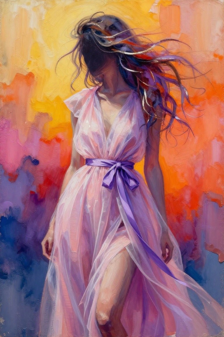 Woman in flowing sheer pink dress with purple sash, windswept hair against vibrant abstract background