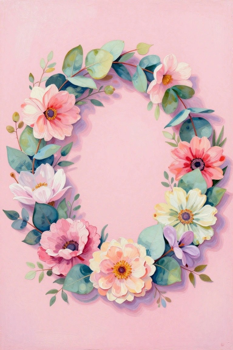 Colorful painted floral wreath with pink, yellow, and white blooms on pink background