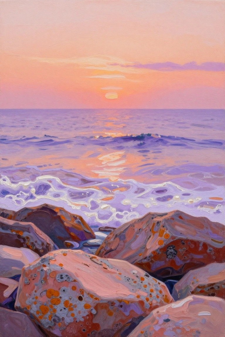 Ocean sunset with waves crashing on colorful rocks under pastel sky