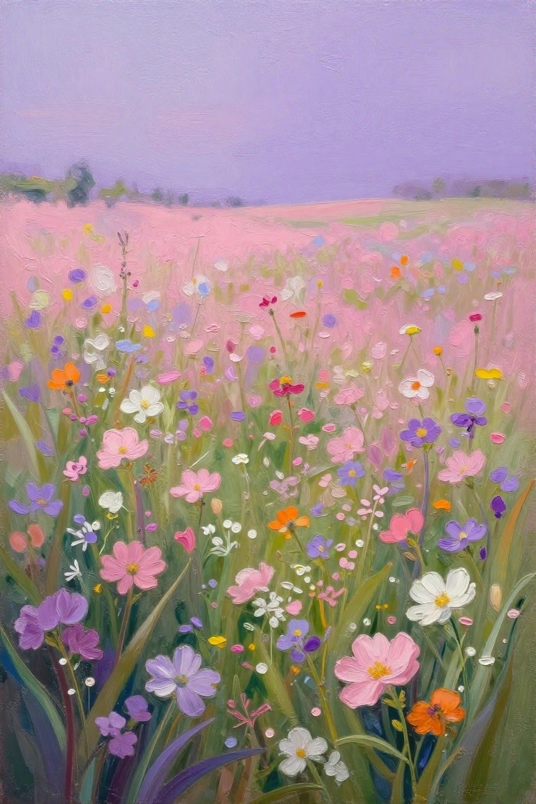 Vibrant wildflowers in pink, purple, and white bloom across a lush meadow under a lavender sky