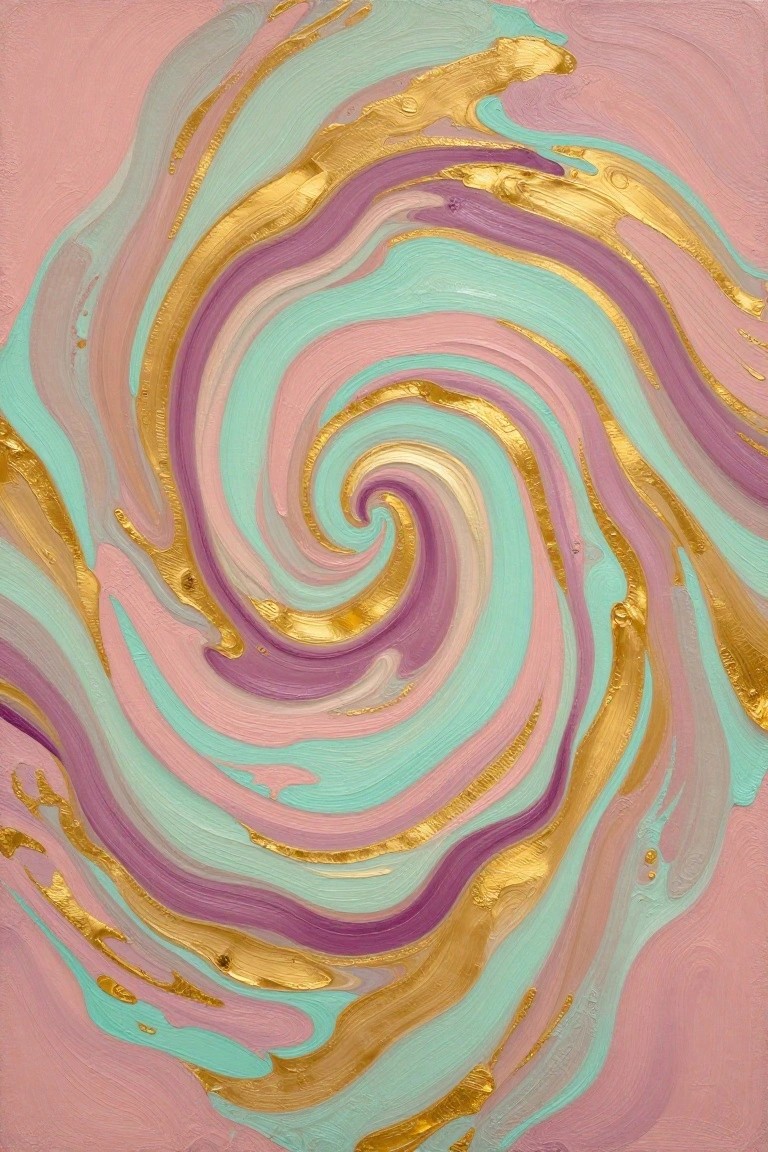 Abstract fluid art with swirling pink, turquoise, purple, and metallic gold streaks in a spiral vortex.
