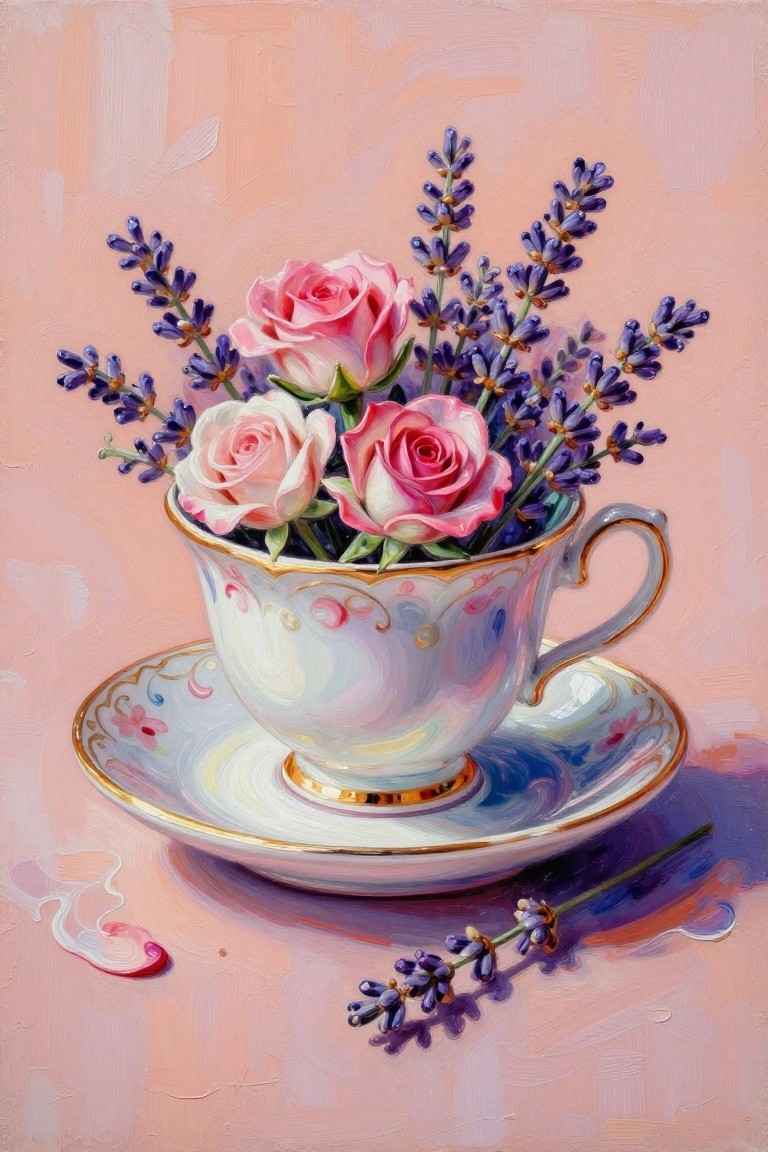 A painting of a white teacup with gold trim holding pink roses and purple lavender on a matching saucer against a pink background.