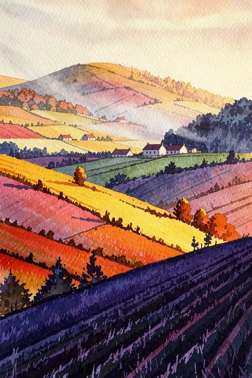 Watercolor landscape of vibrant patchwork fields, rolling hills, and scattered houses at sunset.