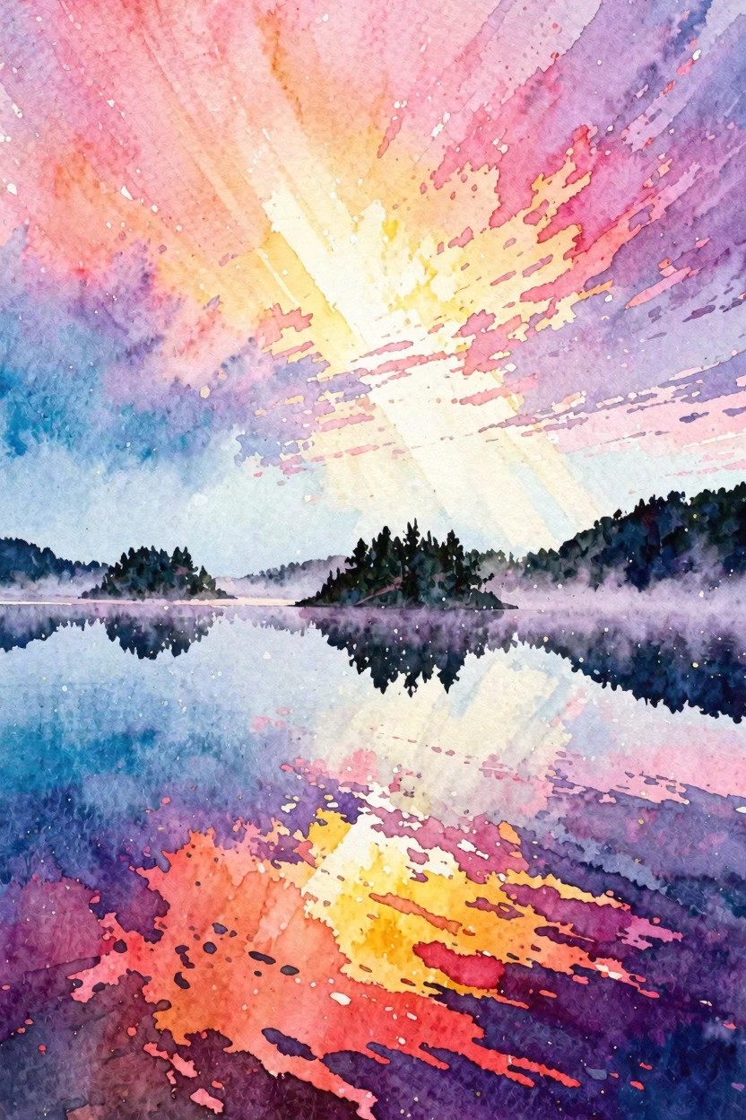 Vibrant watercolor sunset with pink-orange rays reflecting on misty lake and trees.