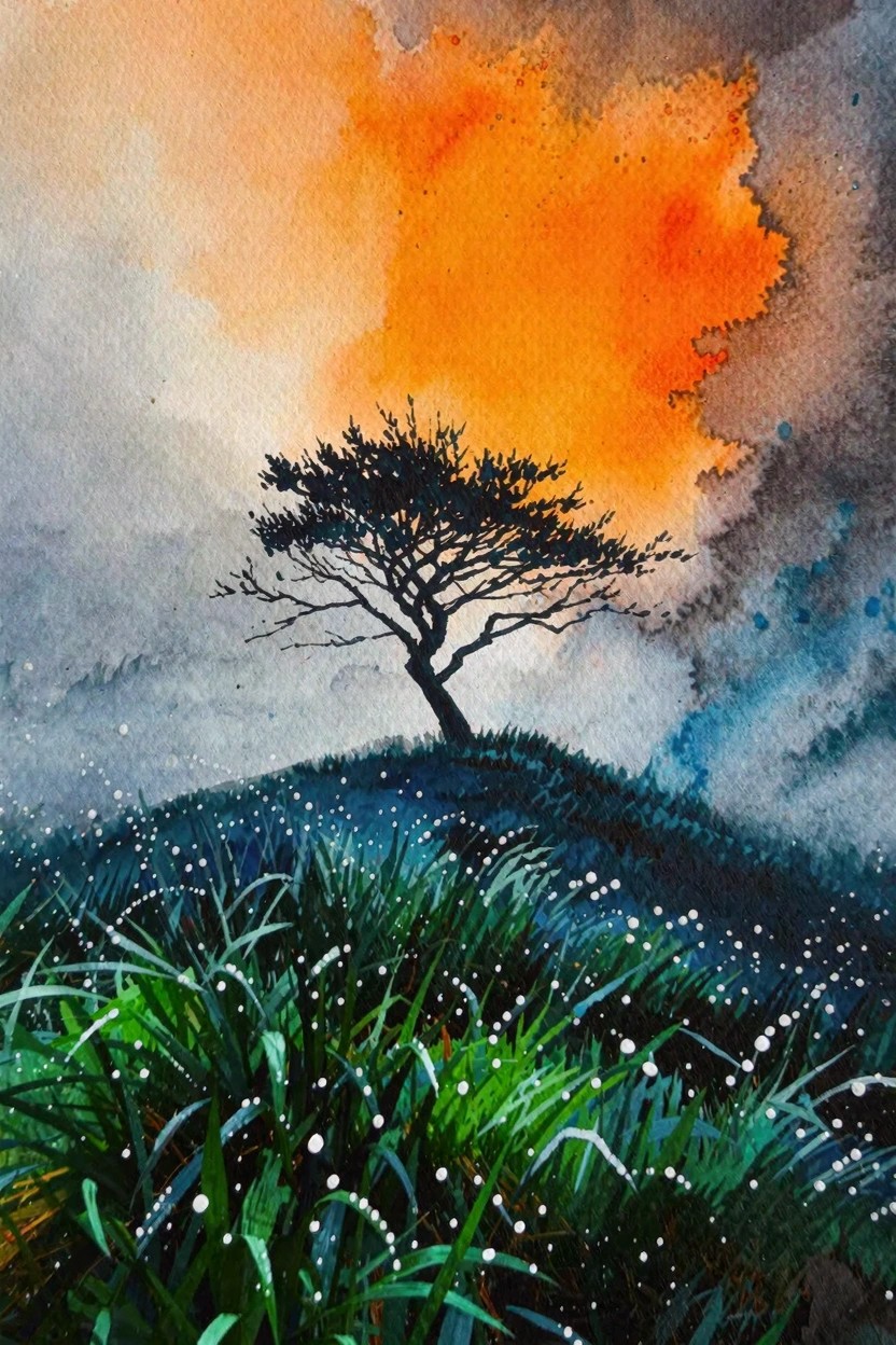 Watercolor of silhouetted tree on hill under vibrant orange sunset sky with green grass