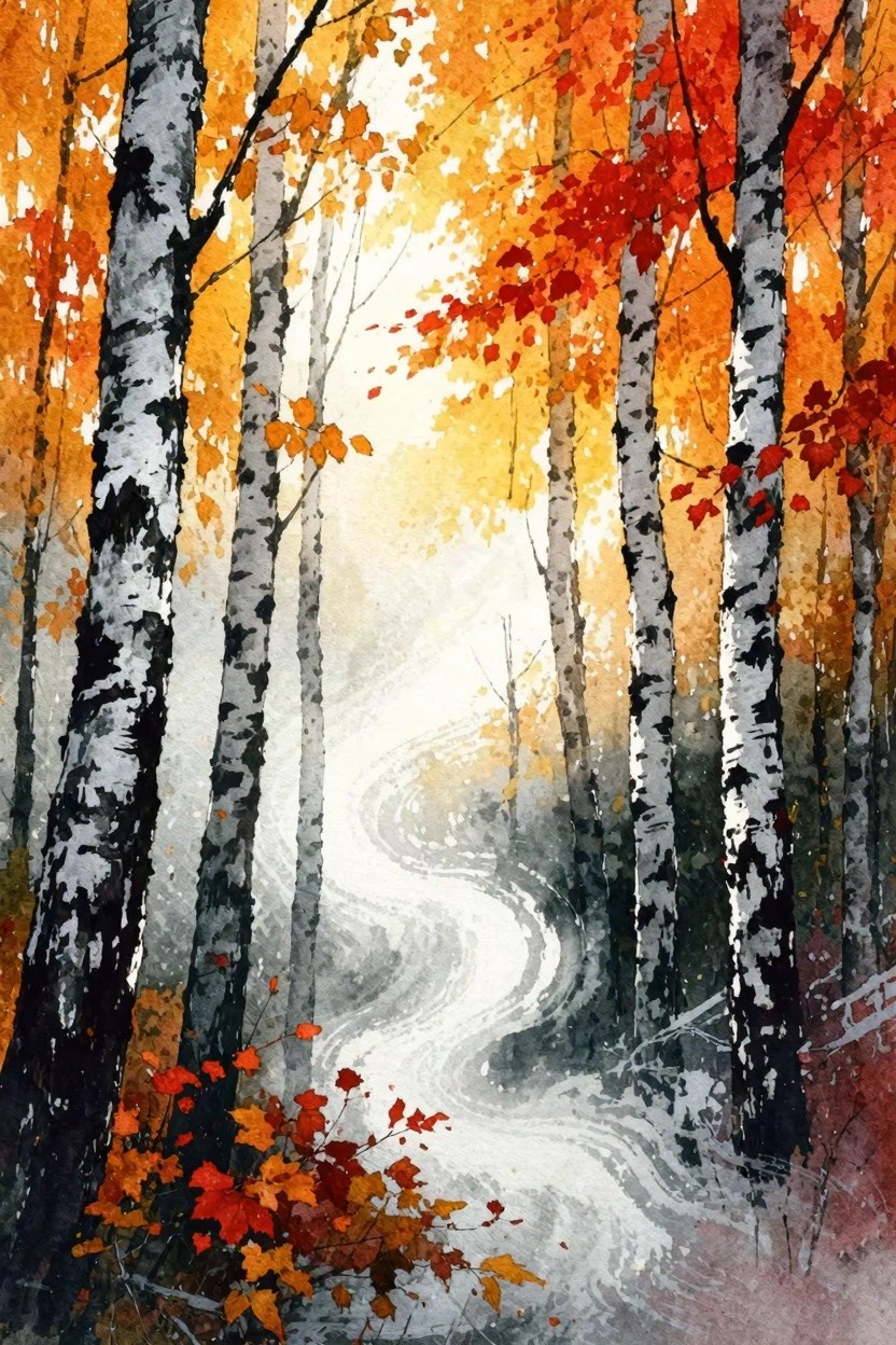 A watercolor painting of a winding path through birch trees with orange and red autumn leaves and a misty background.