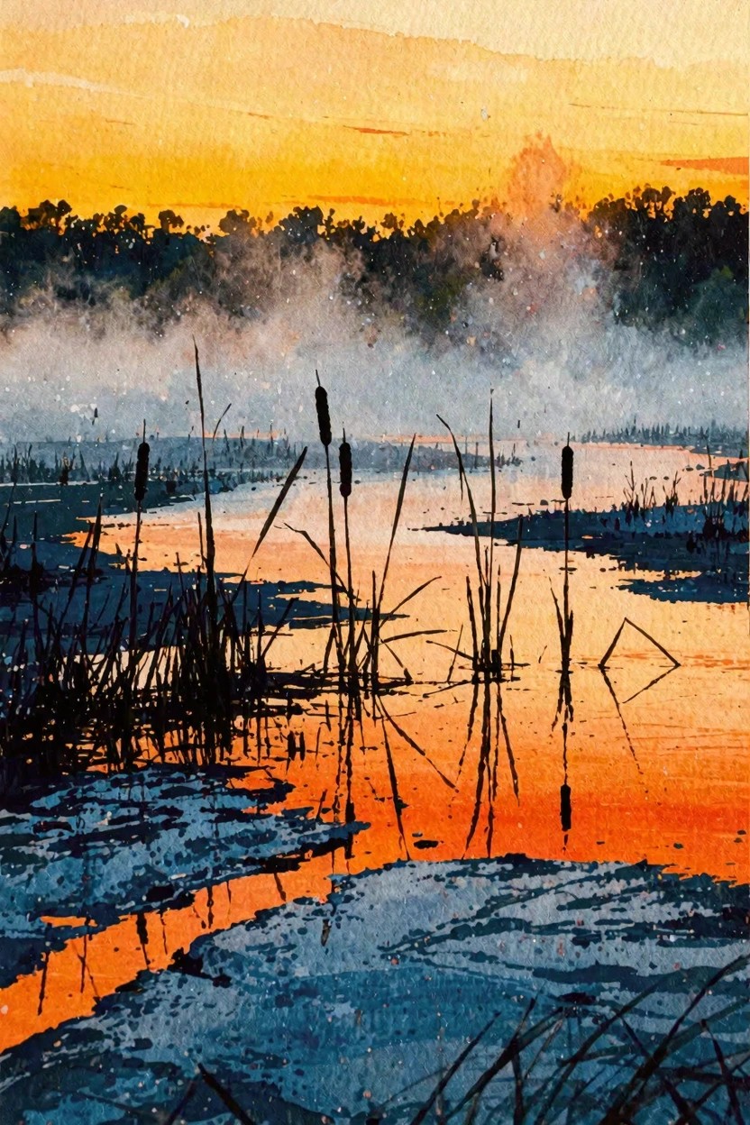 A watercolor painting shows dark reeds in shallow water with orange and blue reflections under a misty orange sunset sky.