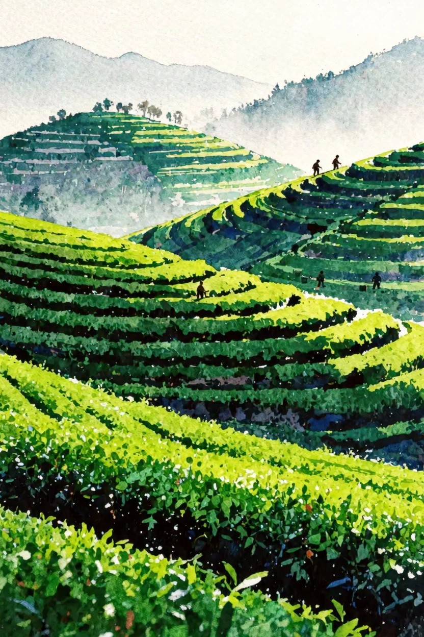 Watercolor of vibrant green terraced hills with workers and misty mountains.