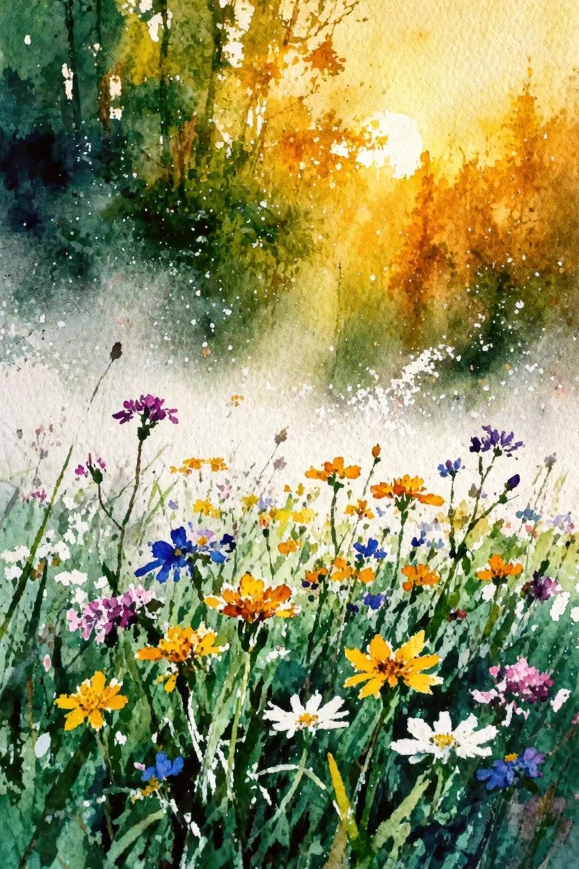 Vibrant watercolor wildflowers blooming in misty forest at golden sunset.