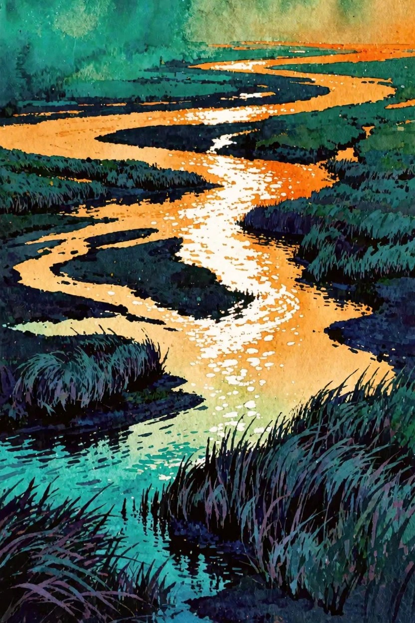 Winding river with orange reflections flowing through green-blue marshland at sunset