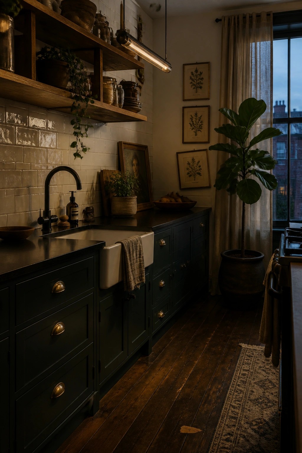 Dark moody kitchen with green cabinets, white farmhouse sink, wooden shelves, and plants