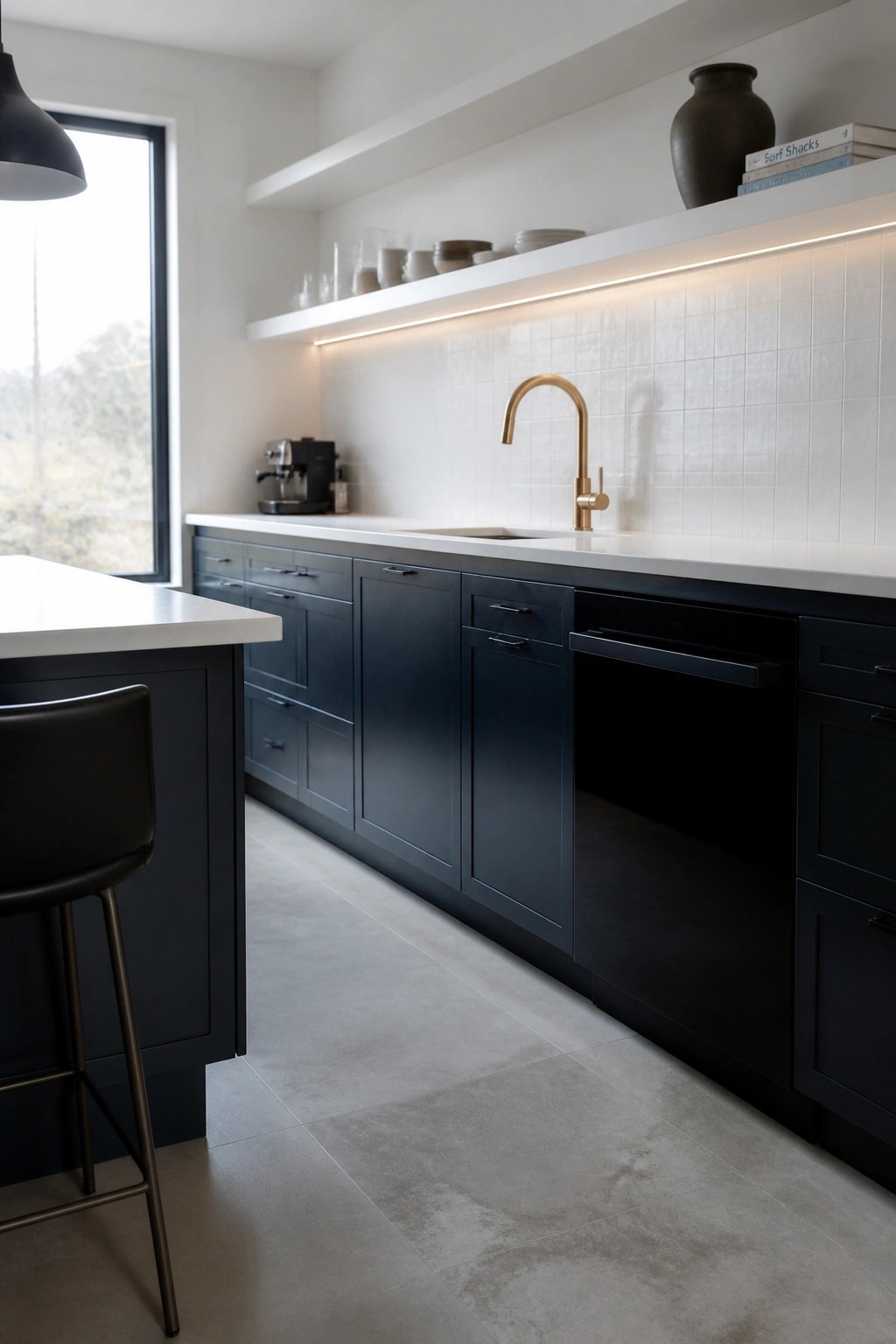 Dark navy kitchen cabinets with white countertops and brass hardware.