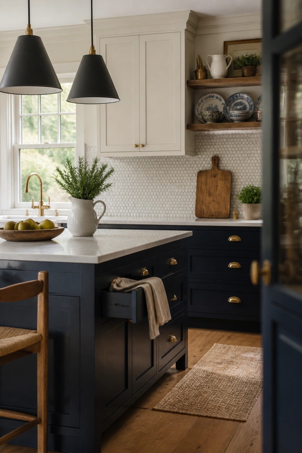 Navy blue kitchen cabinets with white uppers and a marble countertop.
