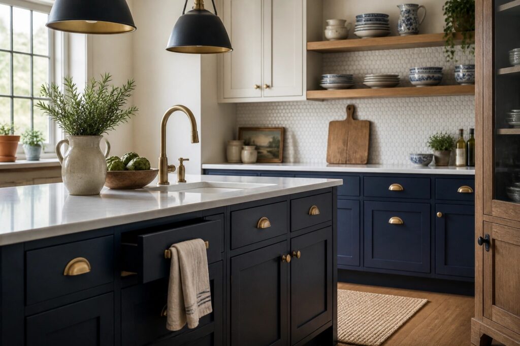 Navy blue kitchen cabinets with white uppers and a marble countertop.