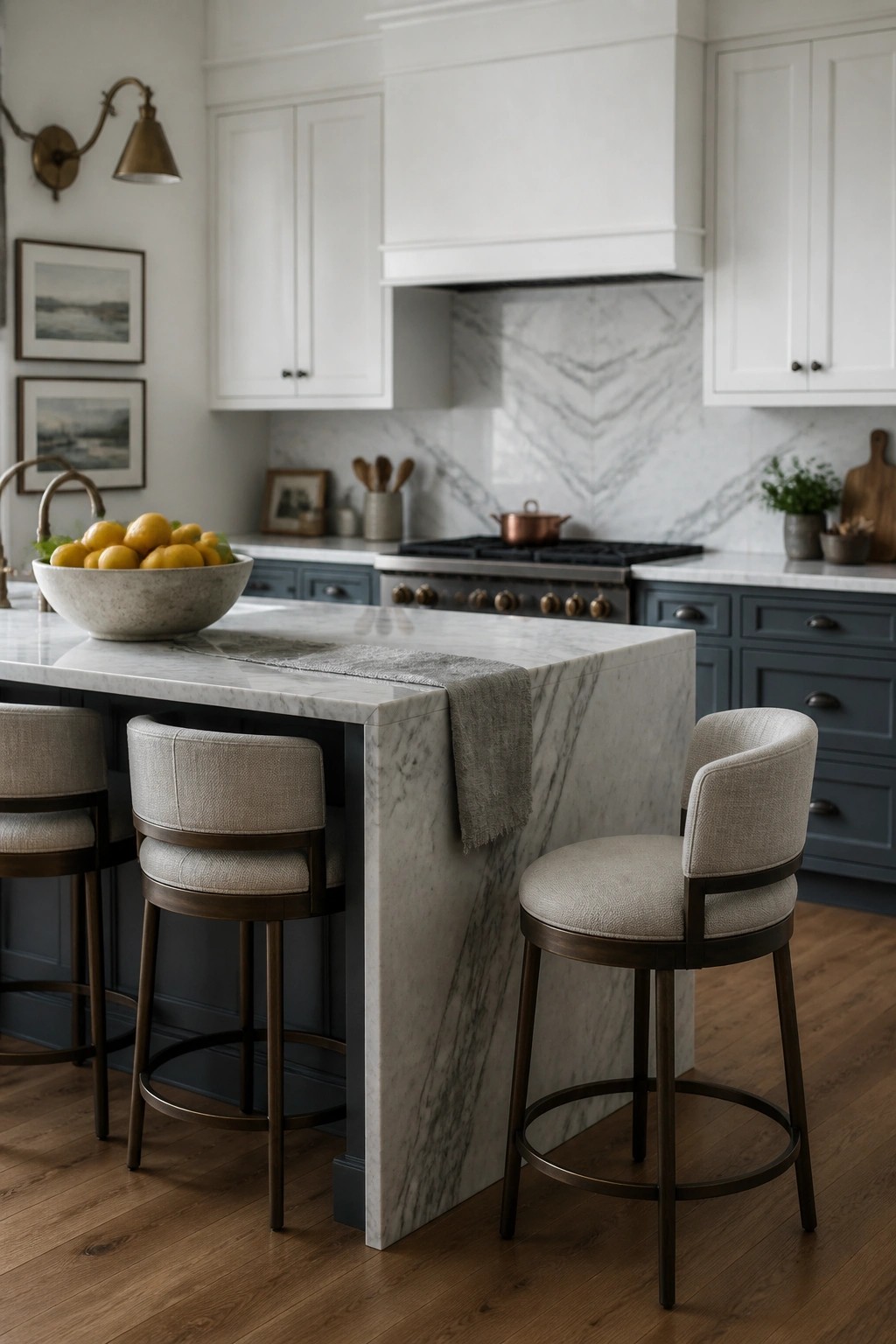 Kitchen cabinets painted a muted blue gray around a marble island.