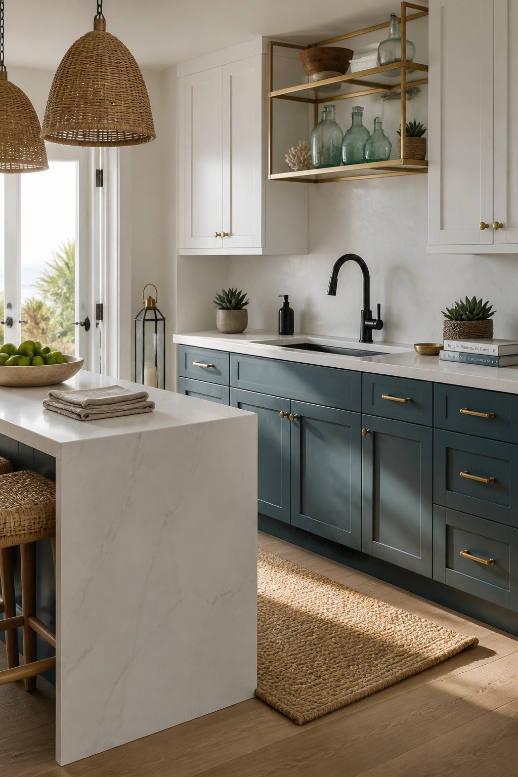 Lower kitchen cabinets painted in a muted teal color with white upper cabinets above.