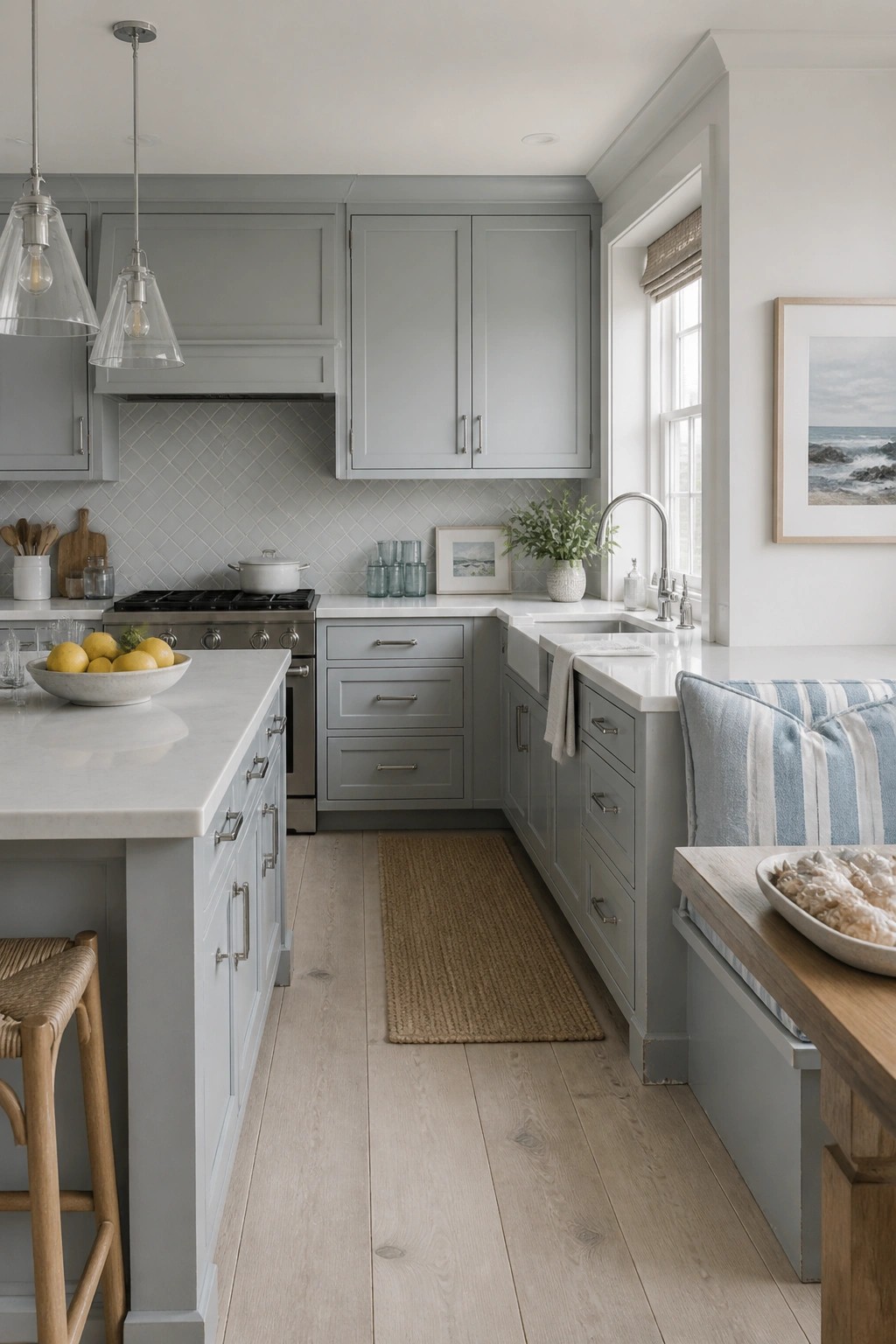 Kitchen cabinets painted in a soft blue gray with white countertops.