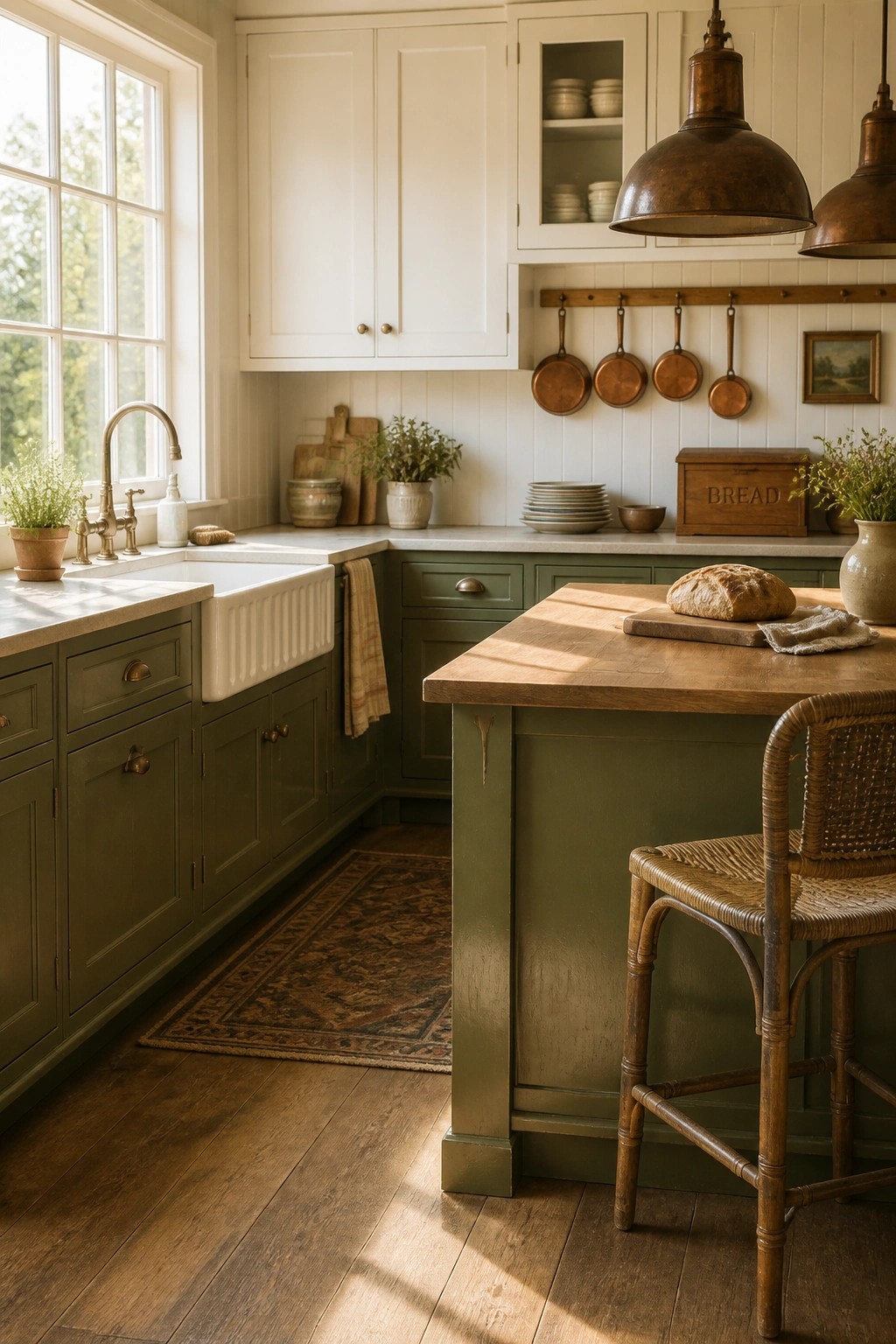 Green kitchen cabinets with a wooden island and white upper cabinets.