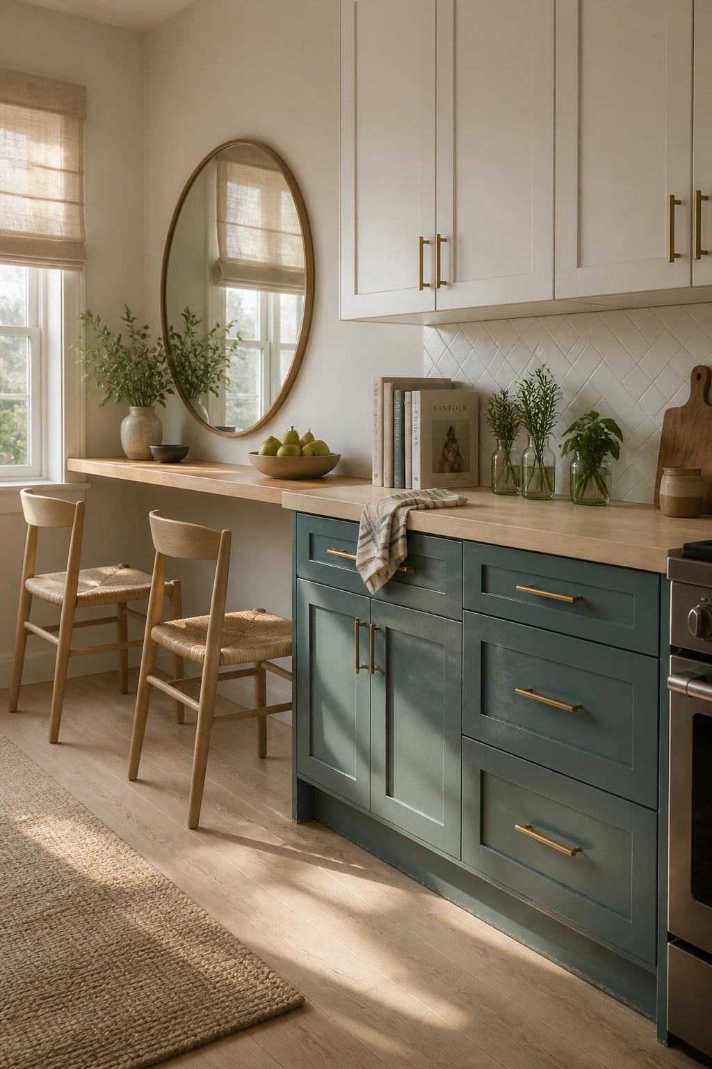 Teal kitchen cabinets with brass hardware next to a light wood counter.